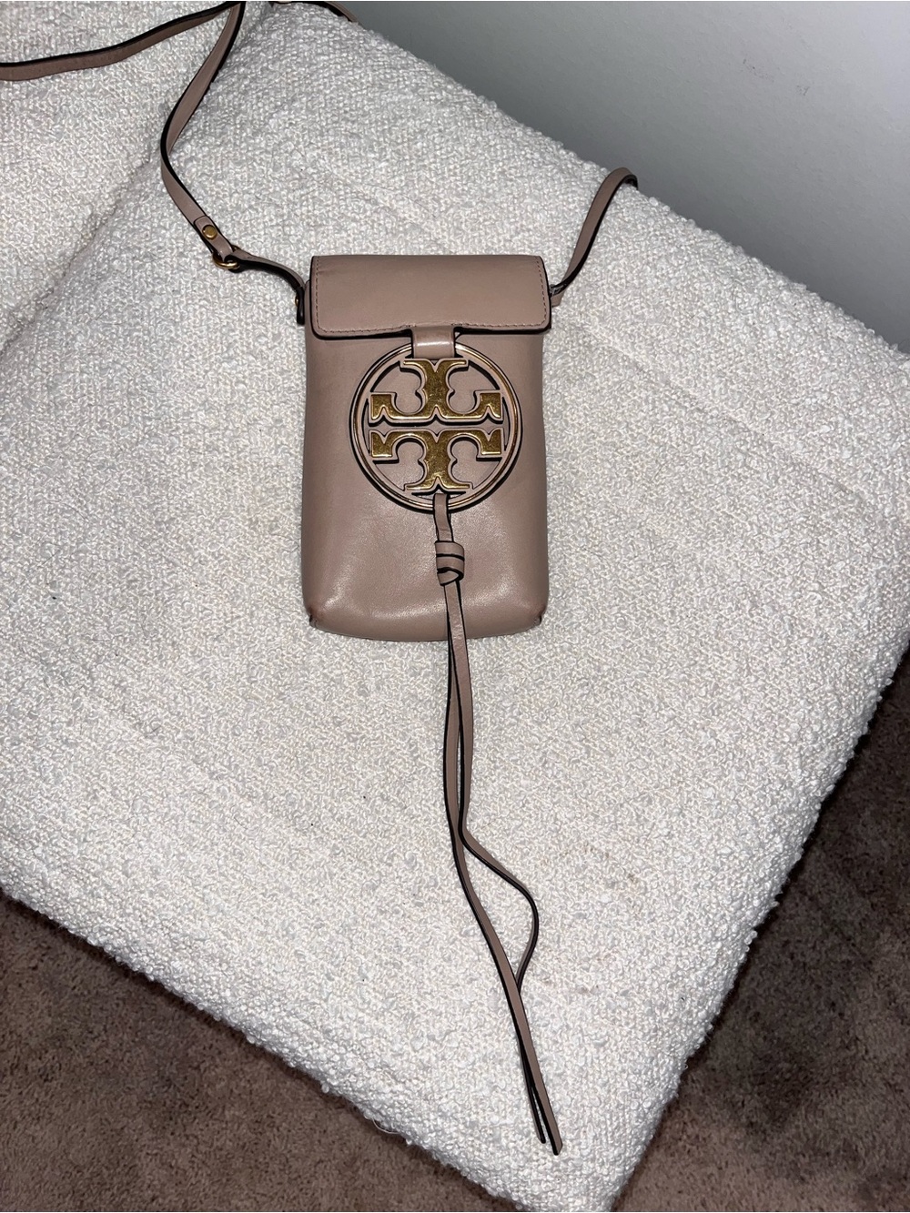 Tory Burch Taupe Leather Miller Phone Crossbody with Logo Medallion